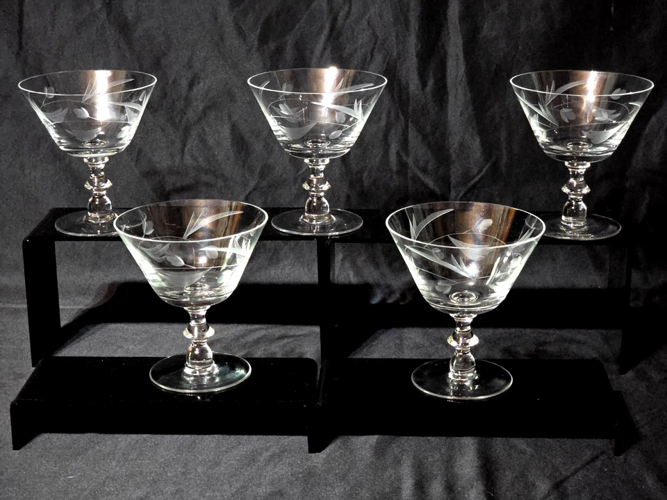 Vintage PRICE PCZ1 Crystal Wafer Stem Champagne Sherbet ETCHED LEAF - Set Of 5 - Image 1 of 4
