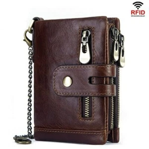 Men Women Leather Wallet Double Zipper Purse Money Coin Wallet+Anti-Theft Chain - Picture 1 of 14