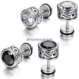 Classical Cubic Zirconia Round Totem Men Women Stainless Steel Ear Stud Earrings - Picture 1 of 11