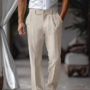 Men's Linen Double Pleated Front Pocket Solid Color Fashion Casual Straight Trou - Picture 1 of 18
