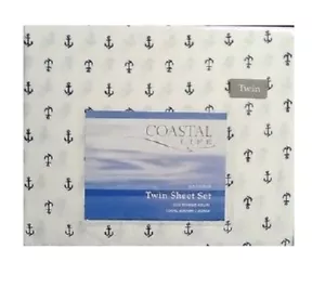 Sheet Set 300TC Twin White and Navy Coastal Life Natural Luxurious Cotton Anchor - Picture 1 of 4