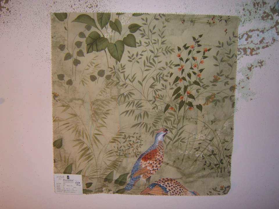 Duralee, Standing Guard, Pheasant  Floral,  Remnant,25" W X 25" L, Color Green  - Image 1 of 1