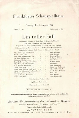 Programm 1942 FRANKFURTER SCHAUSPIELHAUS am 09.08.1942 "Ein toller Fall" - Bild 1 von 2