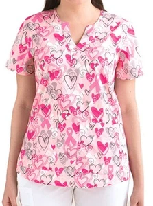 {MED} ICU/Barco Medical Uniform Top Mock Placket Pink Heart 100% Cotton - Picture 1 of 2