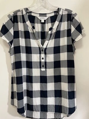 Market & Spruce Womens Size M Blouse Blue White Buffalo Check Plaid Cap Sleeve - Image 1 of 4