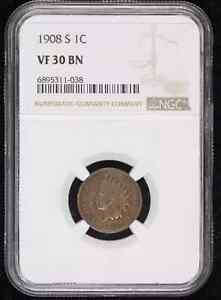 1908 S Small Cents Indian Head NGC VF-30 BN