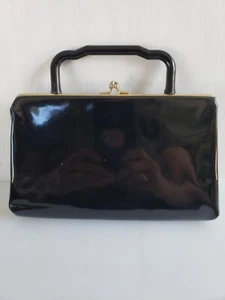 Vintage Black Patent Clutch Classic 1950's Convertible Handle Snap Closure 9" - Picture 1 of 6