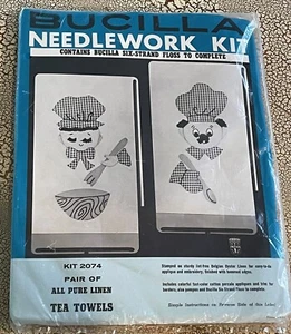 Vintage Bucilla Chef Bäcker Retro gestempelt für Stickerei Leinen Geschirrtuch Set 60er - Bild 1 von 4
