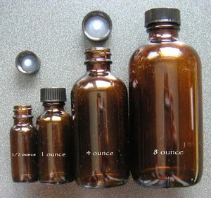 12 - 1 ounce oz (8 dram, 30ml) amber glass BOSTON ROUND bottle w/  polyseal caps - Picture 1 of 1