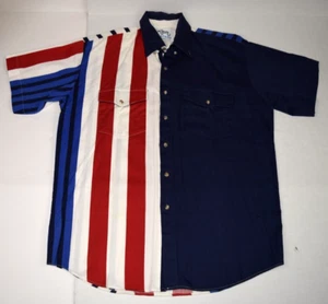 Western Shirt VTG Roper Rodeo Blue  Size L 80s Long Strip Red White Blue Black - Picture 1 of 10