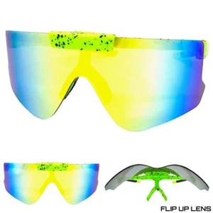 OVERSIZED Retro SPORTY WRAP AROUND Shield SUN GLASSES Large Frame Flip Up Lens - Picture 1 of 7