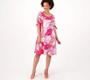 Susan Graver Printed LiquidKnit Dress Paradise Pink L New