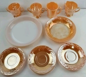 Vintage Fire King Orange Peach Luster Laurel Leaf Oven Ware Lot Of 9 Dish Bundle - Picture 1 of 24