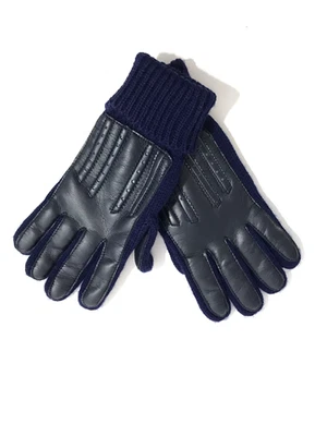 Guantes de punto para mujer tejidos con imitación de cuero en la palma y parte superior azul marino talla mediana Foto 1 de 4