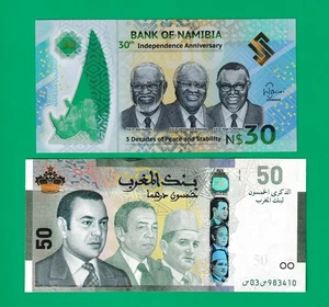 Africa 2 Commemorative Banknotes Morocco 50 Dirhams 2019 & Namiba 30$ 2020 UNC - Picture 1 of 2
