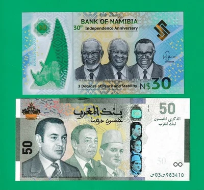 Africa 2 Commemorative Banknotes Morocco 50 Dirhams 2019 & Namiba 30$ 2020 UNC - Image 1 of 2