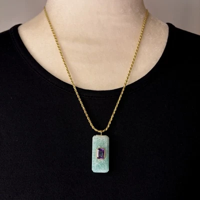 Amazonite Amethyst Sterling Silver Gold Vermeil Pendant & Rope Necklace 20” - Image 1 of 4