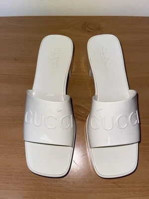 Gucci Rubber Logo Sandals White Glossy Mule Platform Sz US 9 EU 39 Made Italy - Image 1 of 4