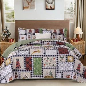 Christmas Quilt Set Queen Size, Patchwork Xmas Tree Reindeer Pattern Bedsprea... - Picture 1 of 7