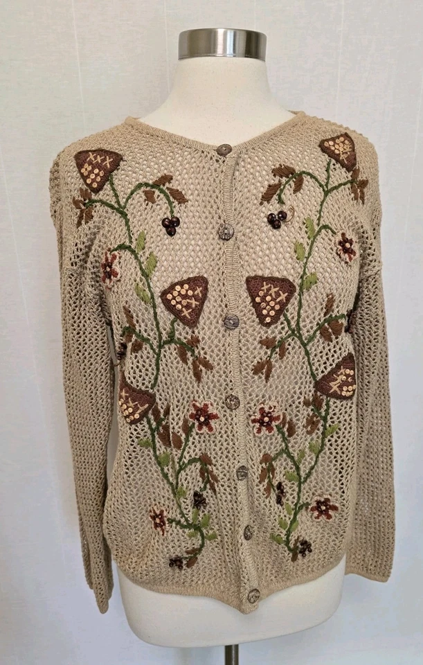 Cárdigan suéter tejido abierto beige bordado a mano vintage años 90 para mujer Foto 1 de 4