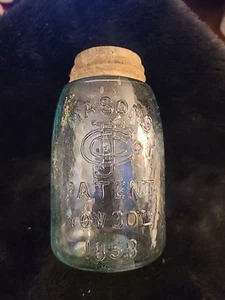 MASON'S CFJCo PATENT 30. NOVEMBER 1858 MIDGET PINT OBSTGLAS MIT SEITENÖSEN 1880er DECKEL - Bild 1 von 11