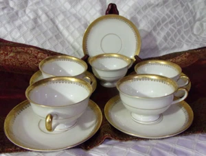[Set of 5] GOLD Encrusted Royal Ivory KPM "BUCKINGHAM" Germany Cups & Saucers - Picture 1 of 10