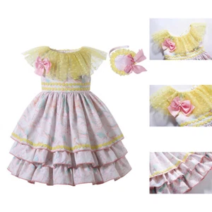 Floral Print Girls Summer Skater Dress Layered Party Pageant Sleeveless Pink US - Picture 1 of 12