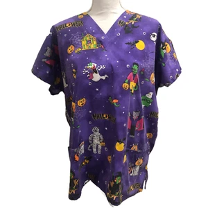 Simply Basic Women's Size Large Scrub Top Halloween Mummy Ghost Purple Pockets - Picture 1 of 8