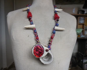 Red Abalone Shell Cruelty Free Antler Pill Box Stash Necklace Coral Lapis Lazuli - Picture 1 of 9