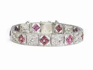 Magnificent Art Deco Antique Square Pink Ruby & Old Mine Cut CZ Fine Bracelets - Picture 1 of 7