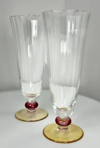 2 Elegant Crystal Fine Rib Optic Champagne/Cocktail Glasses W/Red, Peach Foot - Picture 1 of 6