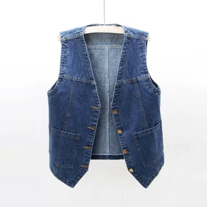 Lady Casual Denim Waistcoat Coat Top Crop Jean Vest Sleeveless V-neck Jean Coat - Bild 1 von 28