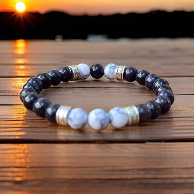 Mens midnight blue and white marble effect elastic beaded bracelet - Handmade - Image 1 of 4