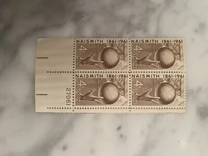 US Scott # 1189, Naismith Basketball, Plate Block of (4) 1961 4¢ Stamps, MNH - Picture 1 of 1