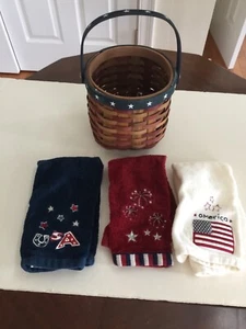 Patriotic Wooden Round Basket plus 3 Hand Towels Embossed with Patriotic Designs - Picture 1 of 3