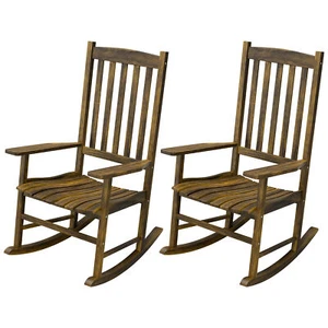 2PCS Outdoor Rocking Chair Solid Wood High Back Rocker Lounge Chair All Weather - Picture 1 of 24