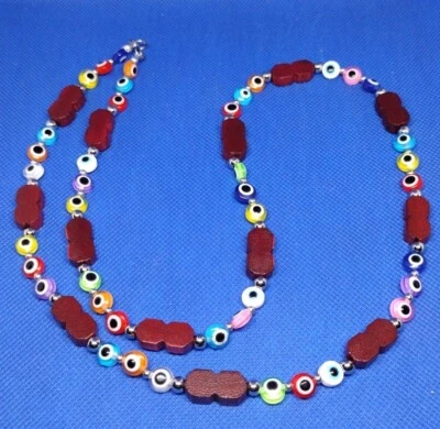 Collar Largo 28.5" Acero Inoxidable Madera Multi Cuentas Mal de Ojo Foto 1 de 2