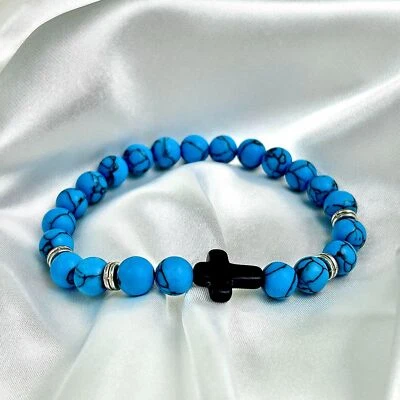 Casual Cross Bracelet Natural Turquoise Bead Elastic Wristbands Fashion Jewelry - Image 1 of 4
