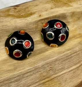 Vintage Art Deco Black And Multi-Color Enamel Domed Earrings - Picture 1 of 5