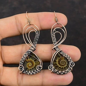 Ammonite Fossil Copper Gift For Sister Wire Wrapped Drop/Dangle Earrings 3.03" - Picture 1 of 6