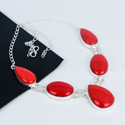 Naturale Corallo Rosso Gemma Fatto a Mano 925 Argento Sterling Collana Per Love - Immagine 1 di 4