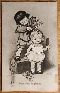 Won't Mama Be Please Cutting Sister's Hair Comic Postcard PC 1910 Dorchester MA - Picture 1 of 1