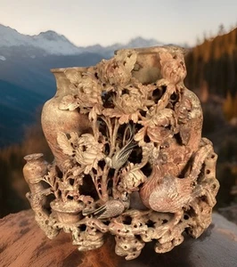 Vaso triplo vintage cinese intagliato pietra ollare uccellini floreali, ornato, pesante, unico - Foto 1 di 14