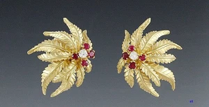 High Quality 18k Gold Diamond & Ruby Modern Leaf Earrings - Picture 1 of 5