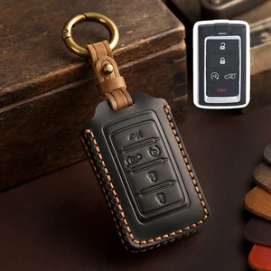 1x Leather Remote Key Case Fob Cover For Jeep Grand Cherokee L Wagoneer 2021-24 - Picture 1 of 29