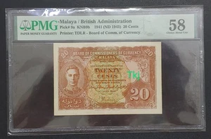 1941 MALAYA 20 CENTS PMG58 AUNC - Picture 1 of 2