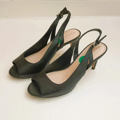 Tahari Gloriann Tacones Cordones 8 Cuero Negro Peep Toe Zapato Foto 1 de 4