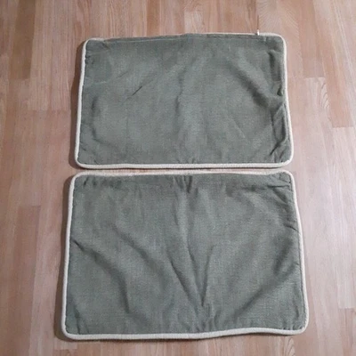 2 Throw Pillow Cases Upholstery From Ethan Allen Olive Green Beigh Trim 28"x18" - Image 1 of 4