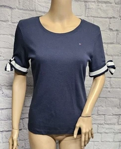 TOMMY HILFIGER S M AZUL MARINO BLANCO LAZO NÁUTICO MANGA ABIERTA LOGOTIPO BÁSICO CAMISETA TOP - Imagen 1 de 11