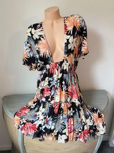 Venus Lascana Beach Dress Cover Up Tropical Palm Floral Sz M Coastal V Plunge - Picture 1 of 7